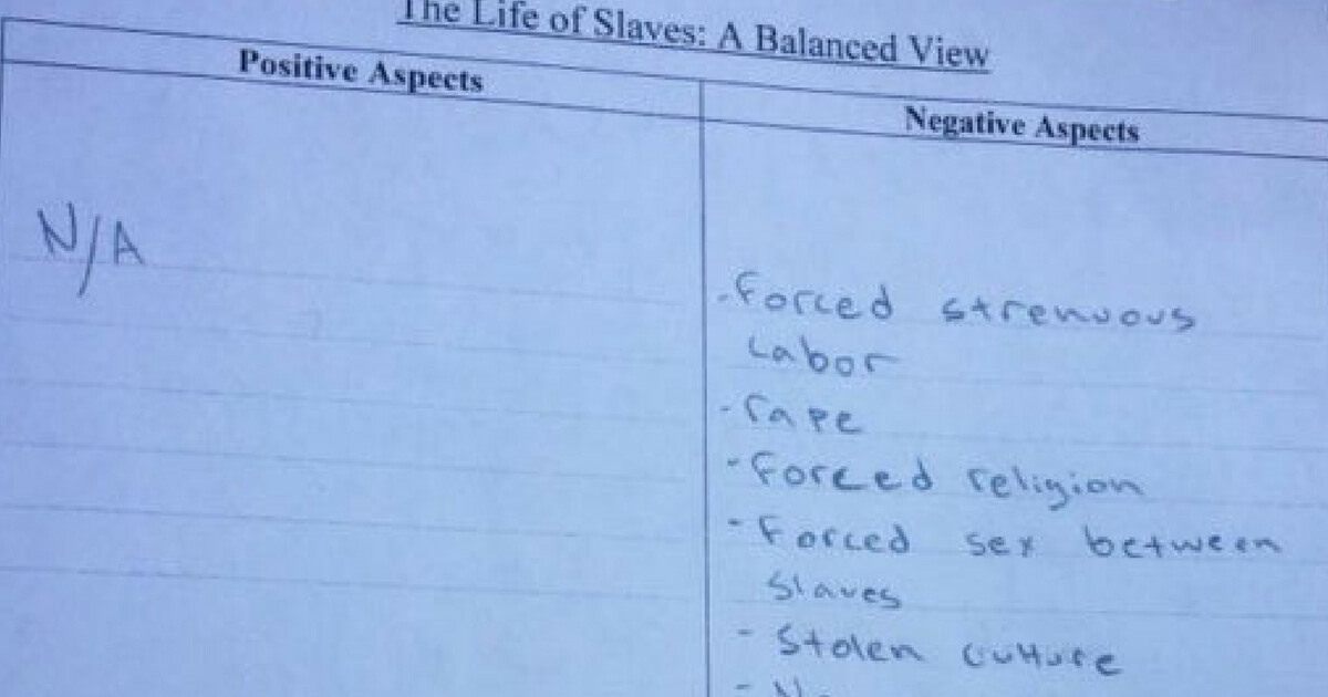 Texas School Forced To Apologize After Asking Students To List Positives of Slavery