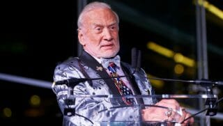 Buzz Aldrin receives an award during the EarthxGlobal Gala on April 20, 2018 in Dallas, Texas.