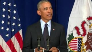 Former President Barack Obama delivers a speech Sept. 7 at the University of Illinois.