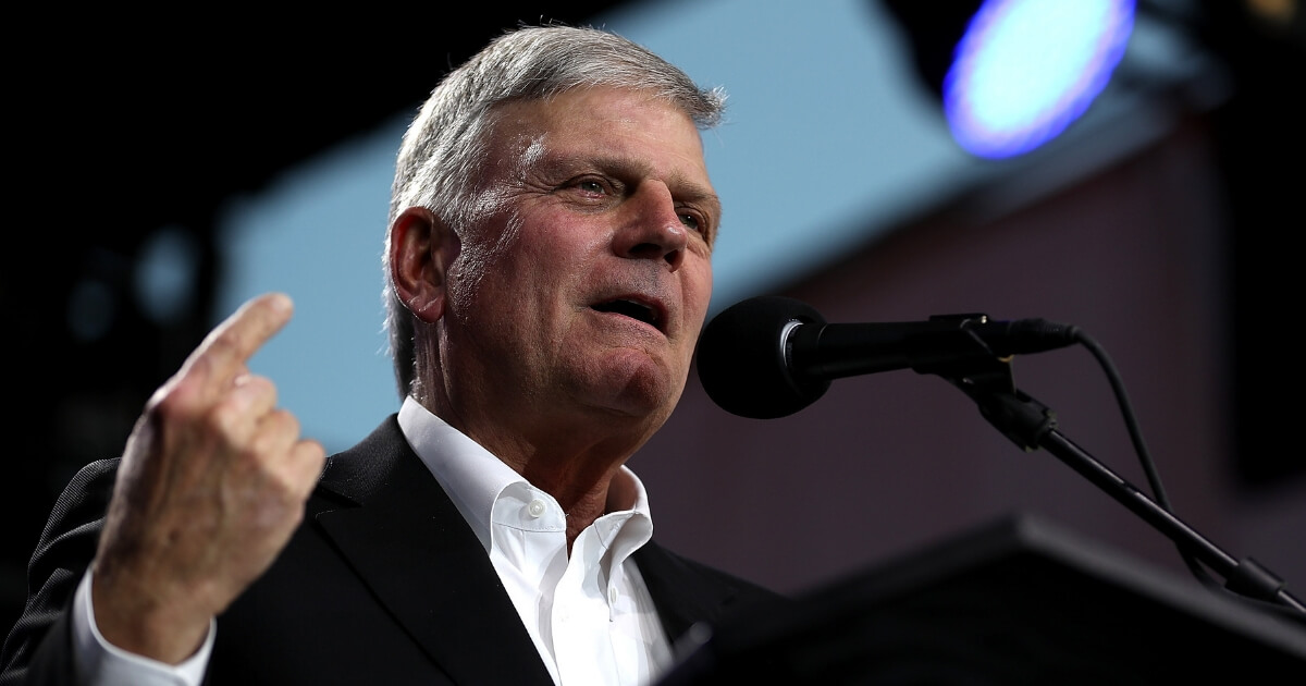 The Rev. Franklin Graham speaks May 29 at the Stanislaus County Fairgrounds in Turlock, California.