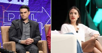 Ben Shapiro speaks onstage at Politicon 2018, left. Rep. Alexandria Ocasio-Cortez speaks onstage at the 2019 SXSW Conference and Festivals at Austin Convention Center, right.