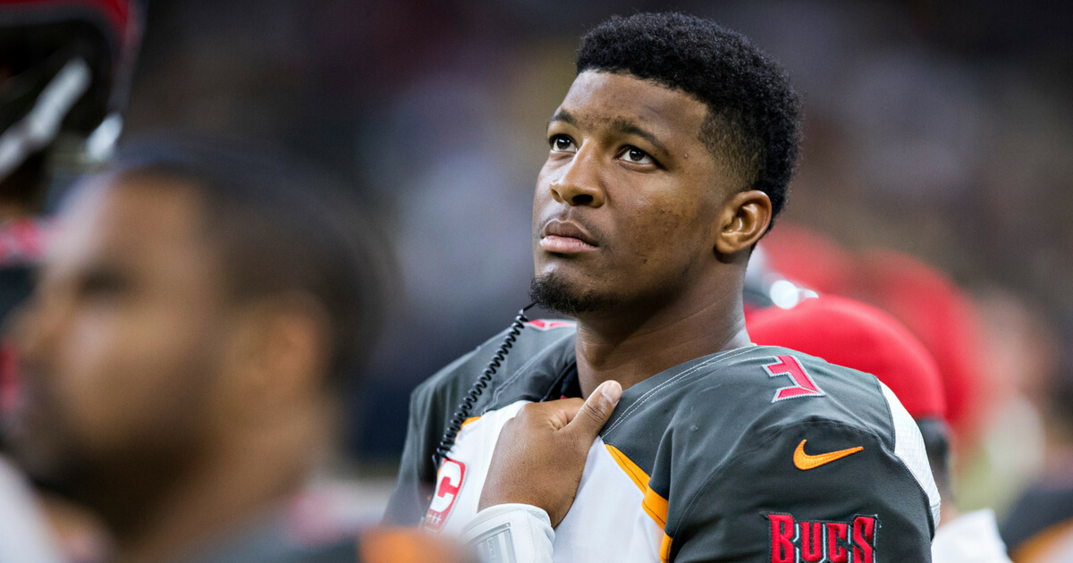 Jameis Winston #3 of the Tampa Bay Buccaneers on the sidelines during a game against the New Orleans Saints at Mercedes-Benz Superdome on November 5, 2017 in New Orleans.