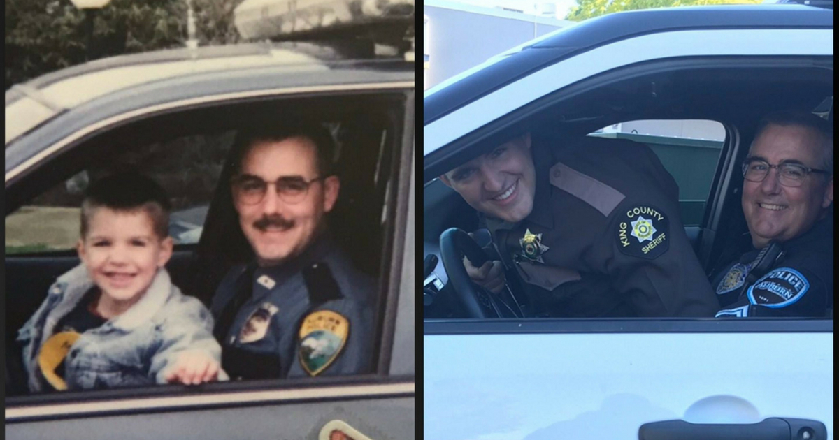 Officer Gould and his son recreate a picture in a police car 20 years later.