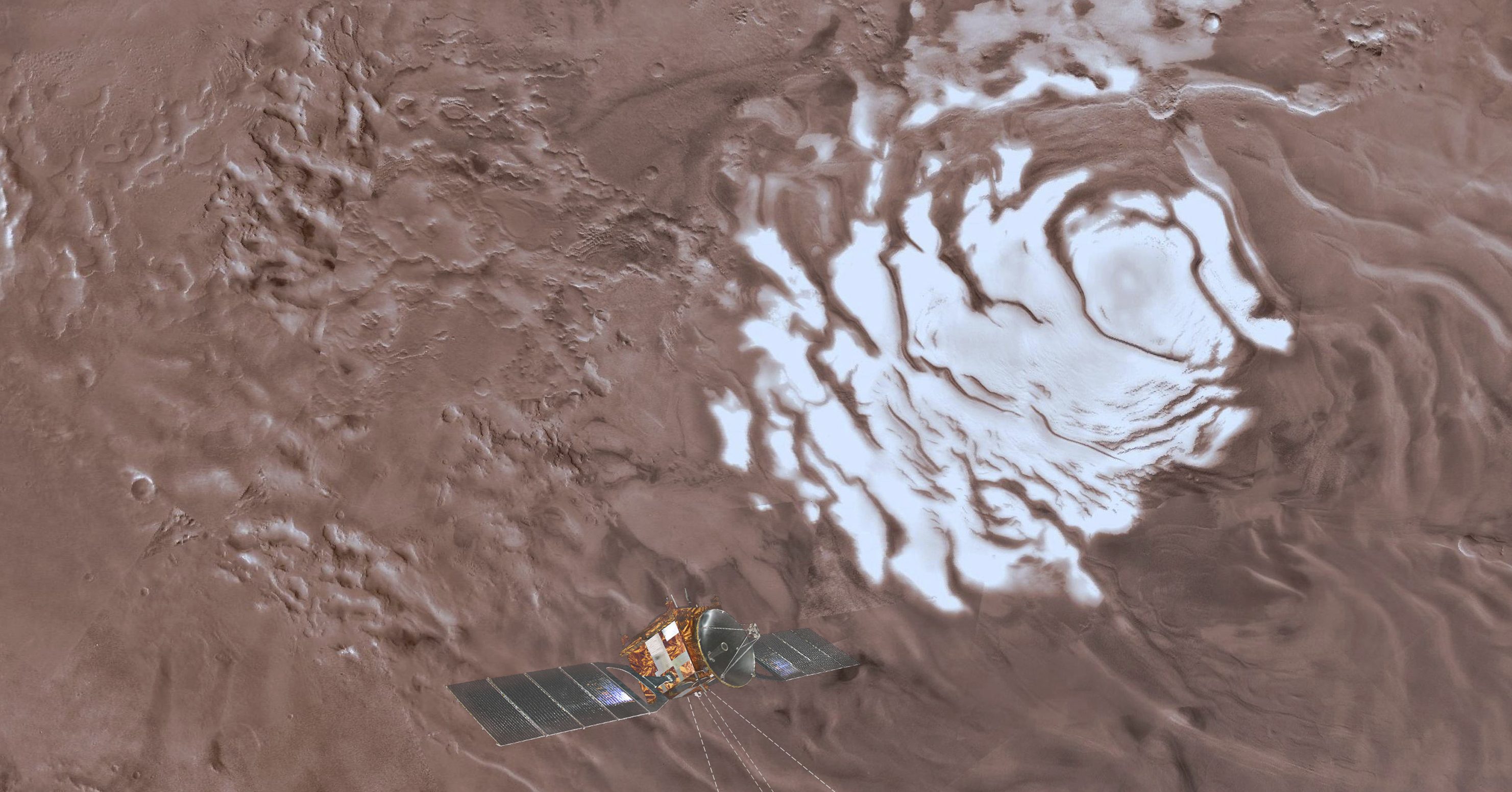 This image provided by the ESA/INAF shows an artist's rendering of the Mars Express spacecraft probing the southern hemisphere of Mars. At upper right is the planet's southern ice cap. The inset image at lower right shows the area where radar readings were made. The blue triangle indicates an area of very high reflectivity, interpreted as being caused by the presence of a reservoir of water, about a mile below the surface.