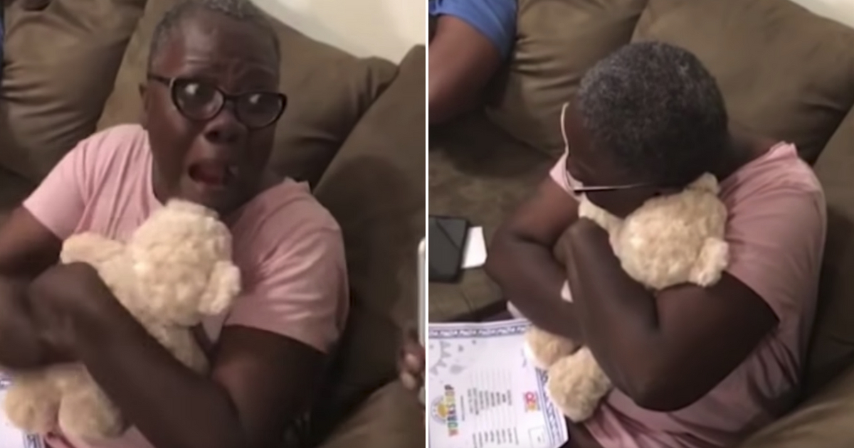 A woman is surprised with a bear with her late-mother's voice inside.