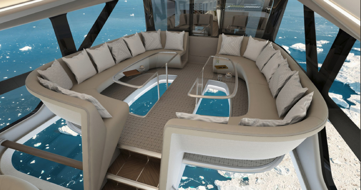 The Airlander 10 has glass walls and floors as passengers float through the sky.