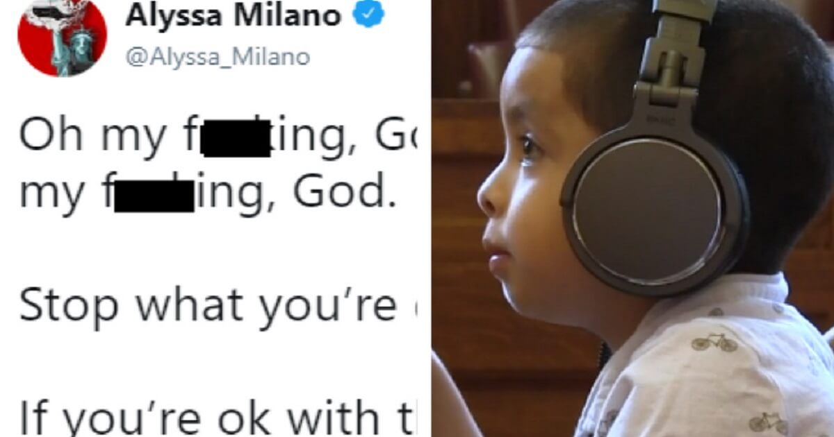 A portion of an Alyssano Milano tweet with a still shot from a video portraying immigration court for children.