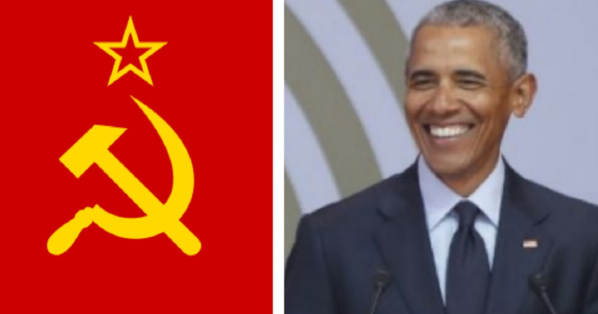 Barack Obama with the hammer-and-sickle flag of the old Soviet Union.