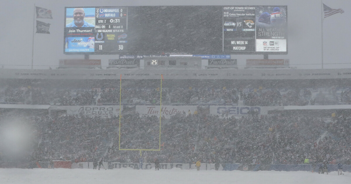 Heavy snow falls during the Buffalo Bills NFL game against the Indianapolis Colts at New Era Field on December 10, 2017 in Buffalo, New York.