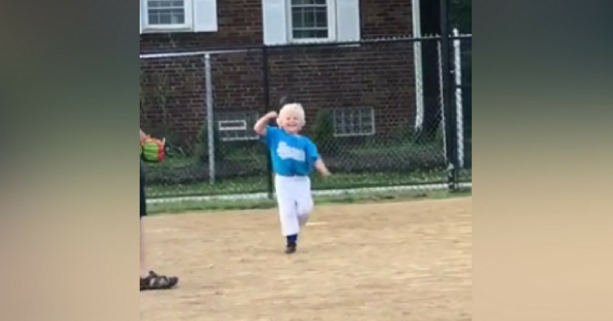 A young 4-year-old mimicked his favorite baseball player after hitting a home run in a tee-ball game.