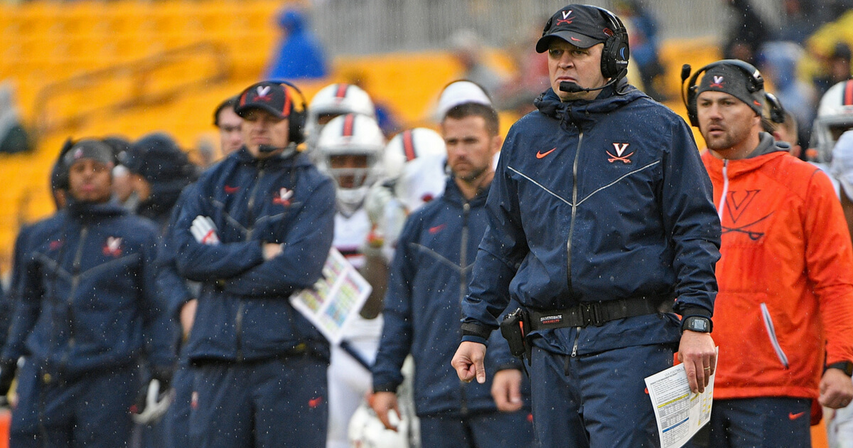 Head coach Bronco Mendenhall of the Virginia Cavaliers looks on from the sidelines in the second half during the game against the Pittsburgh Panthers at Heinz Field on October 28, 2017 in Pittsburgh, Pennsylvania.