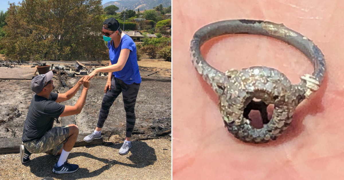 After the Raos' house burnt down in a fire that rampaged through California, the husband proposed for a second time to his wife after they found her wedding rings in the burnt remains.