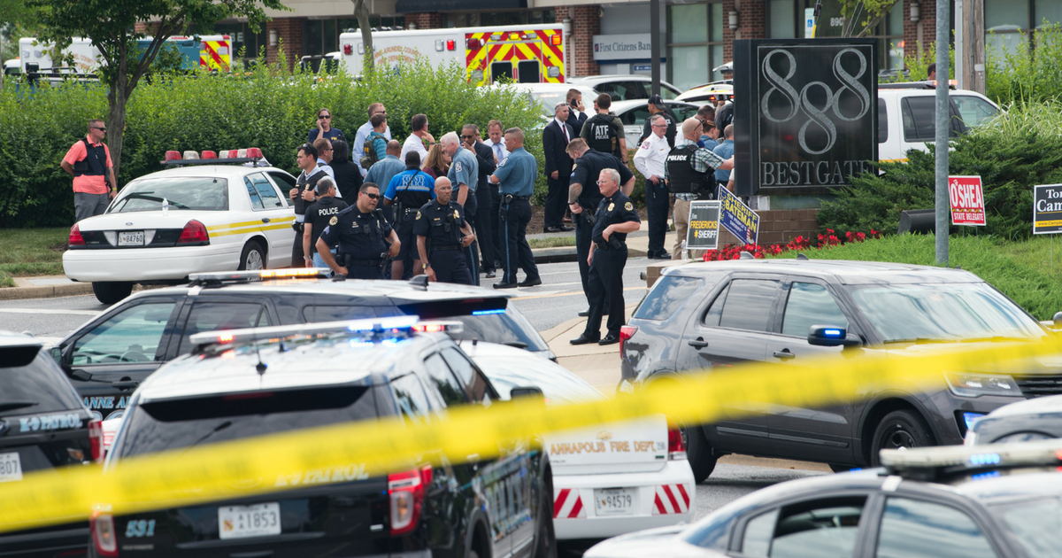 Police respond to a shooting at the offices of the Capital Gazette, a daily newspaper, in Annapolis, Maryland, June 28, 2018. - The local ABC7 news reported 'multiple fatalities' quoting police in the historic city located an hour east of Washington.