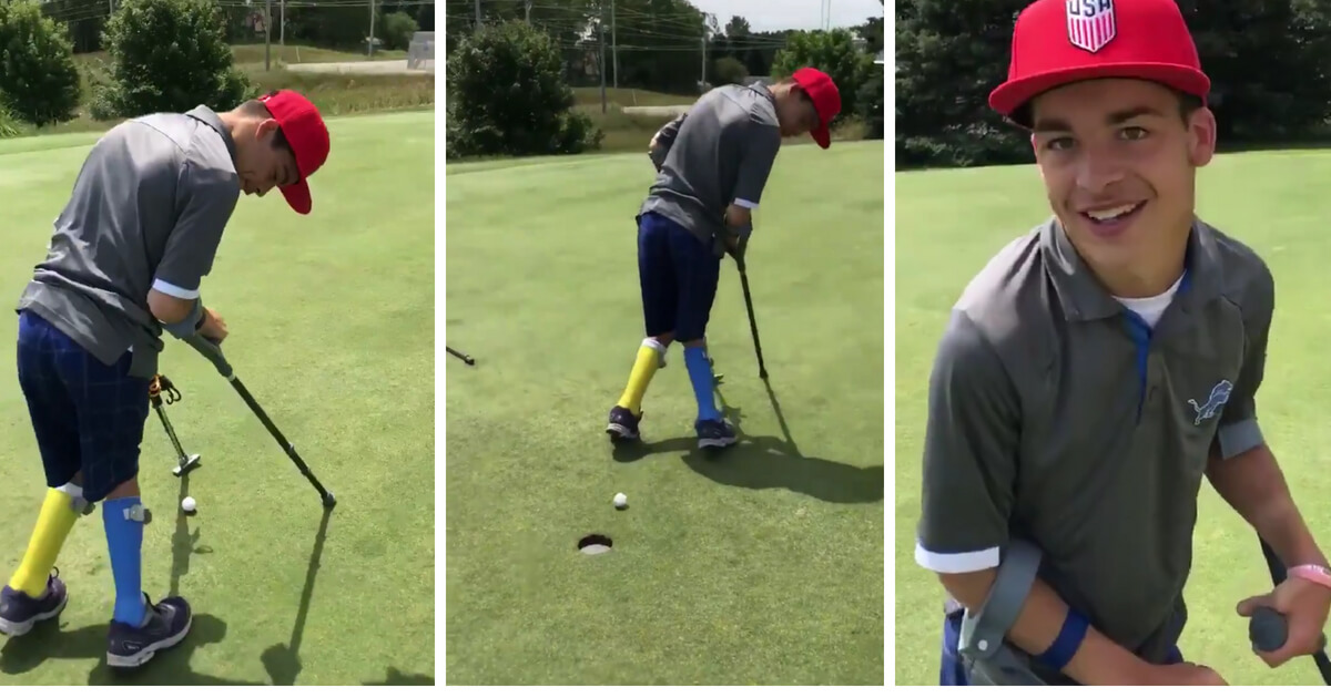 Ethan Olson uses a unique putter to sink a putt between his legs