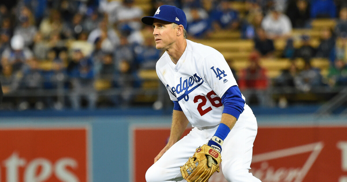 Chase Utley #26 of the Los Angeles Dodgers plays at second base in the game against the Oakland Athletics at Dodger Stadium on April 11, 2018 in Los Angeles.