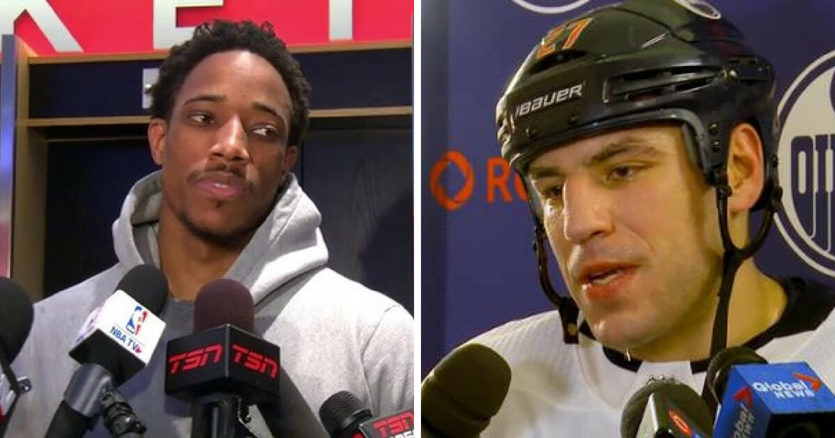 NBA star DeMar DeRozan and NHL player Milan Lucic during interviews with reporters