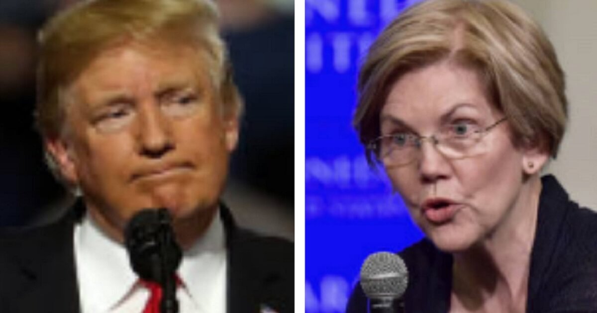 Head shots of Donald Trump and Elizabeth Warren facing each other