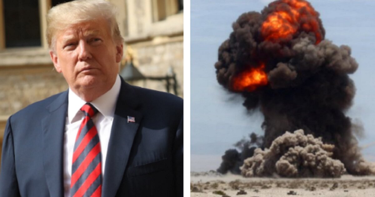 Donald Trump, left, with an image of a desert explosion