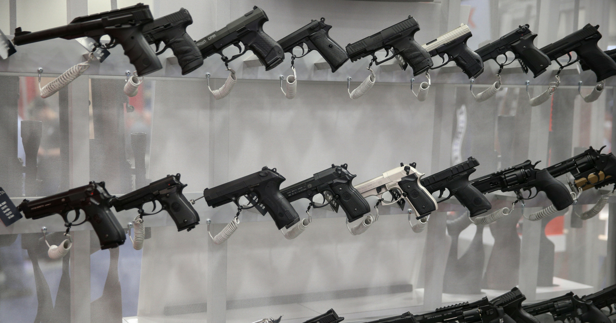 Firearms are pictured in an exhibit hall at the Kay Bailey Hutchison Convention Center during the NRA's annual convention on May 6, 2018 in Dallas, Texas.