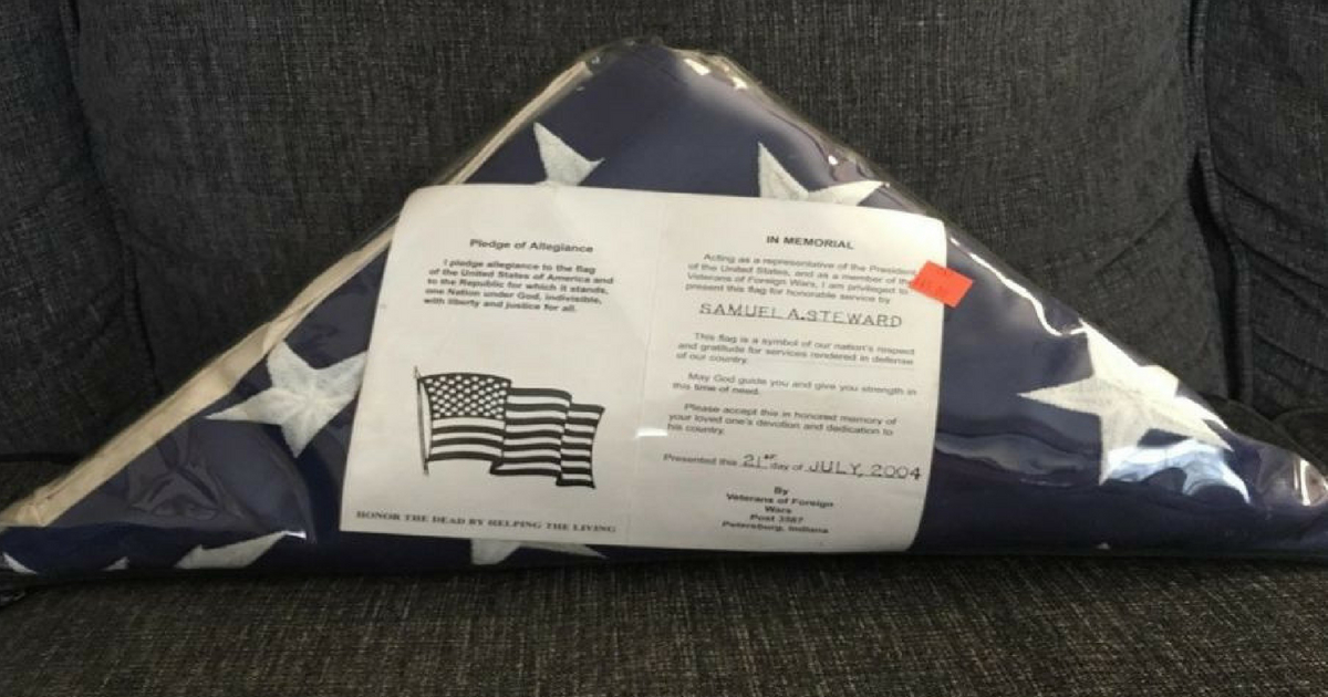 Katie Marks said she was shopping at a Peddler’s Mall store in Bardstown, Kentucky, when she noticed a folded American flag for sale that was dedicated to fallen veteran Samuel A. Steward.