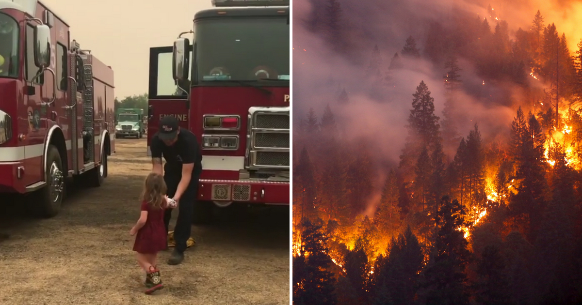 A little girl hands a burrito to a firefighter in California