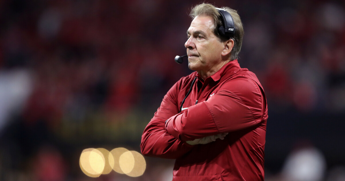 Head coach Nick Saban of the Alabama Crimson Tide reacts to a play during the second half against the Georgia Bulldogs in the CFP National Championship presented by AT&T at Mercedes-Benz Stadium on January 8, 2018, in Atlanta, Georgia.