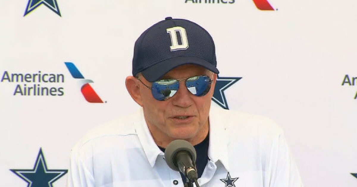 Cowboys owner Jerry Jones speaks to reporters prior to training camp