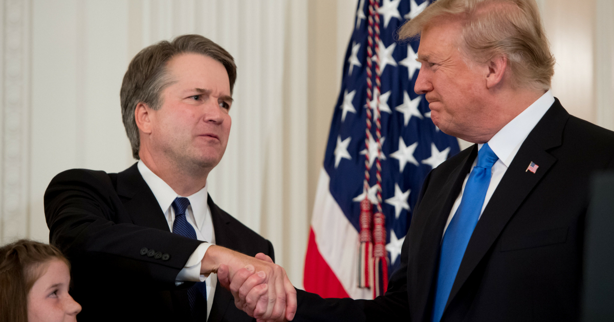 U.S. Judge Brett Kavanaugh shakes hands with U.S. President Donald Trump after being nominated to the Supreme Court in the East Room of the White House on July 9, 2018, in Washington, D.C.