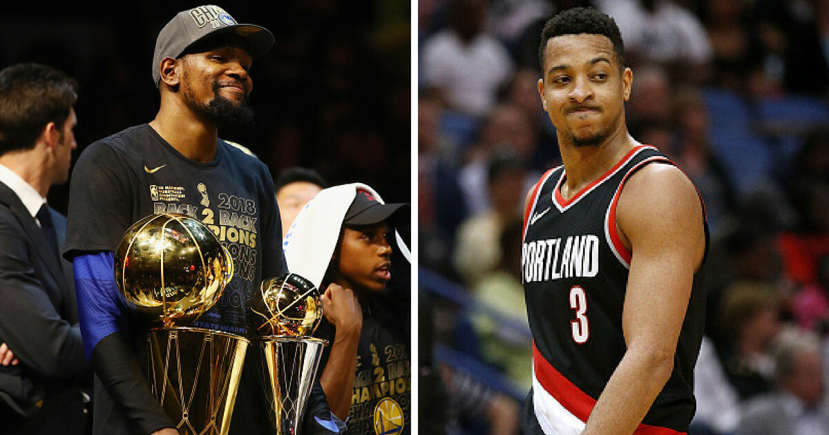 Kevin Durant (left) holds the NBA Finals trophy; Portland guard C.J. McCollum reacts to an official's call
