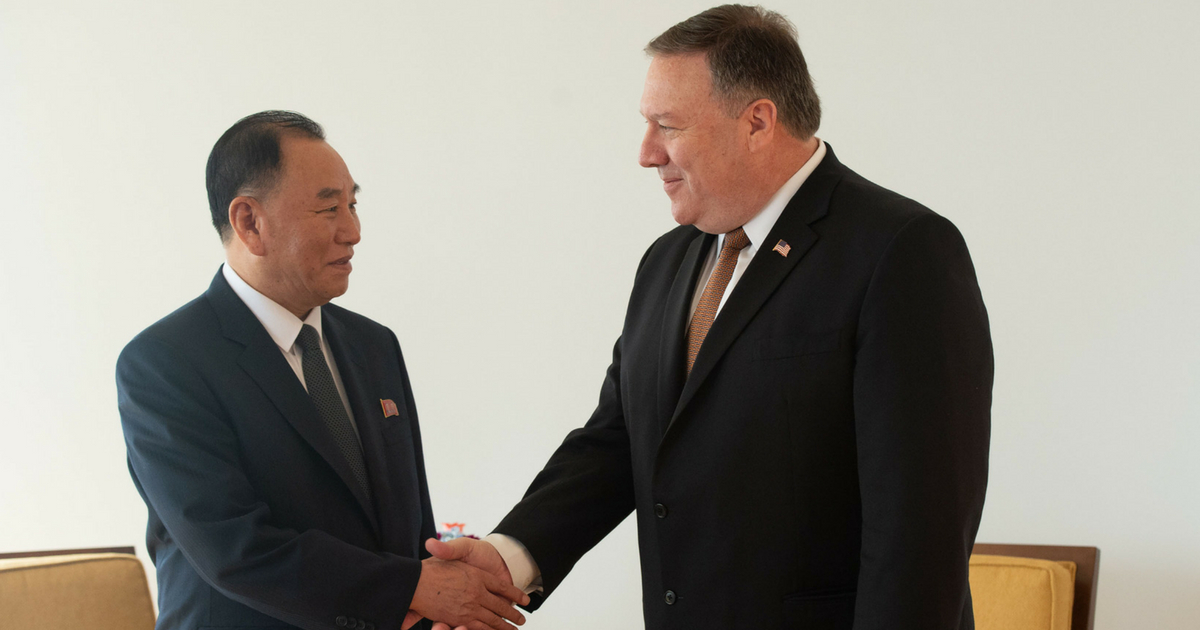 North Korea Vice-Chairman Kim Yong Chol shakes hands with United States Secretary of State Mike Pompeo on May 31, 2018 in New York. - US Secretary of State Mike Pompeo resumed talks in New York on Thursday with a top North Korean official as the pair work to salvage next month's nuclear summit between Donald Trump and Kim Jong Un, an AFP journalist on the scene said.Kim Yong Chol, considered the North Korean leader's right-hand man, is the most senior official from Pyongyang to visit the United States in 18 years.
