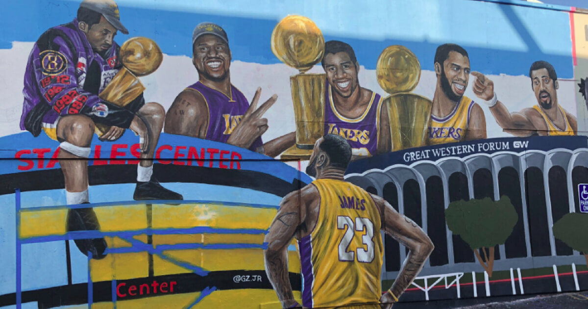 LeBron James pictured in a mural with other Lakers greats in Los Angeles