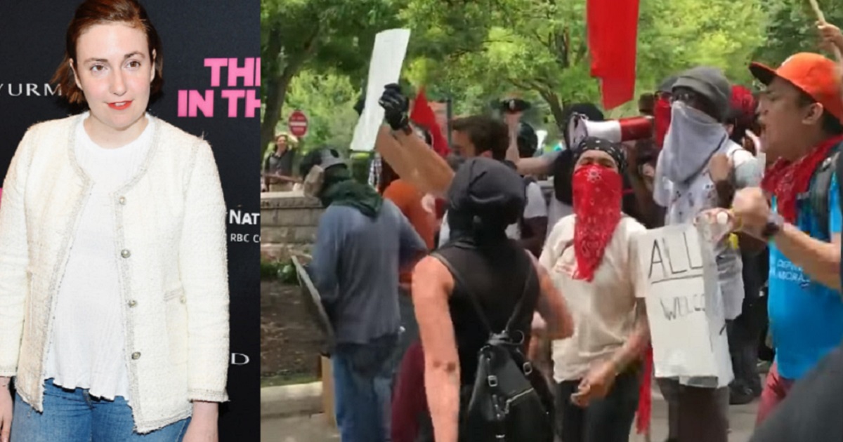 Lena Dunham picture, left, is combined with a mob of antifa rioters.