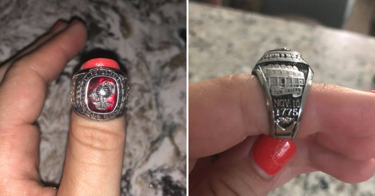 Marine Corps ring on a woman's finger