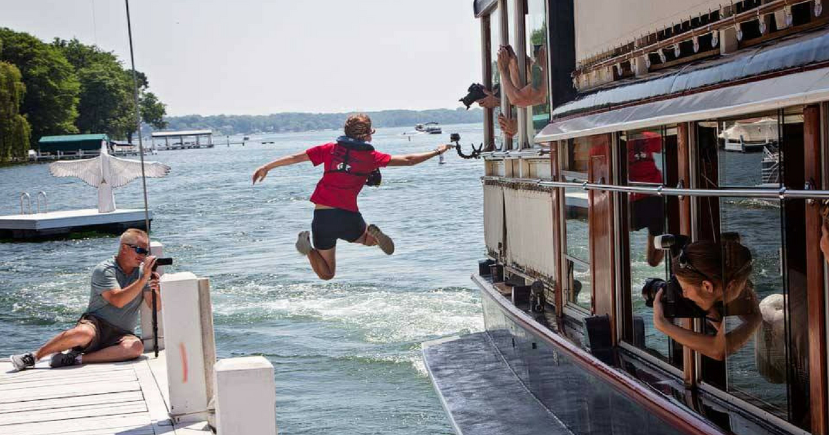 At Lake Geneva, they still do traditional mail jumping to deliver mail, which includes jumping off a moving boat, delivering the mail, and jumping back onto the moving boat.