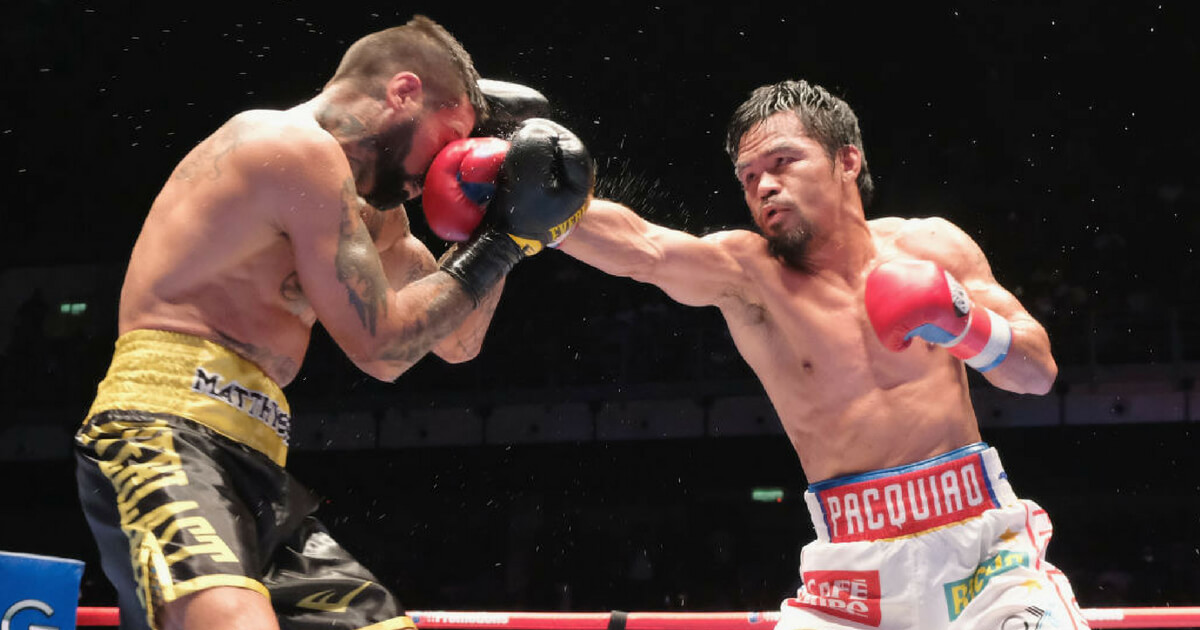 Manny Pacquiao of the Phillipines and Lucas Matthysse of Argintine in action on July 15, 2018 in Kuala Lumpur, Malaysia.
