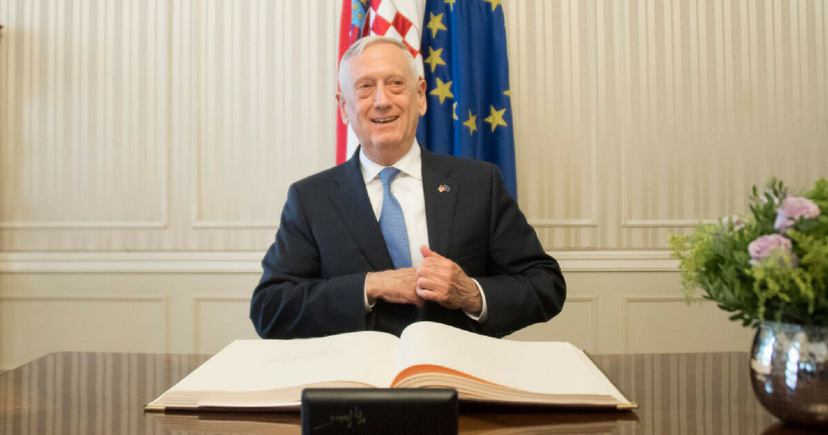 US Secretary of Defense James Mattis signs a guest book before a meeting with Croatian Prime Minister Andrej Plenkovic on July 12, 2018 in Zagreb, Croatia.