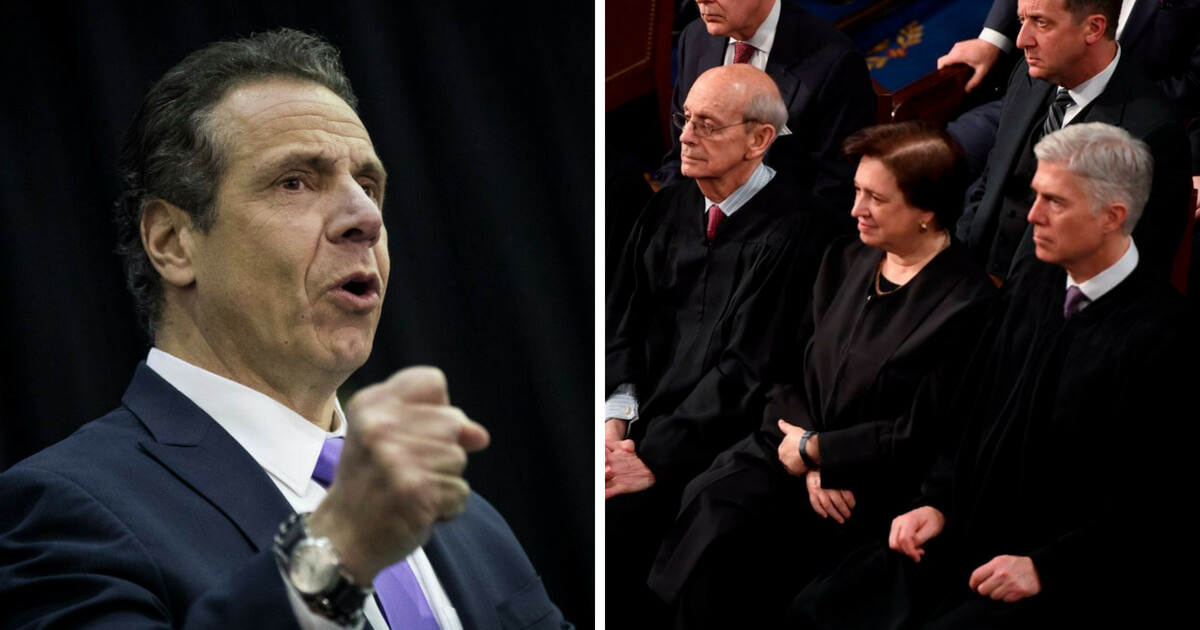 New York Governor Andrew Cuomo speaks during a bill signing event at John Jay College, May 1, 2018 in New York City.; US Supreme Court justices John Roberts (L), Stephen Breyer (2L), Elena Kagan (2R), and Neil Gorsuch look on as US President Donald Trump delivers the State of the Union address at the US Capitol in Washington, DC, on January 30, 2018.