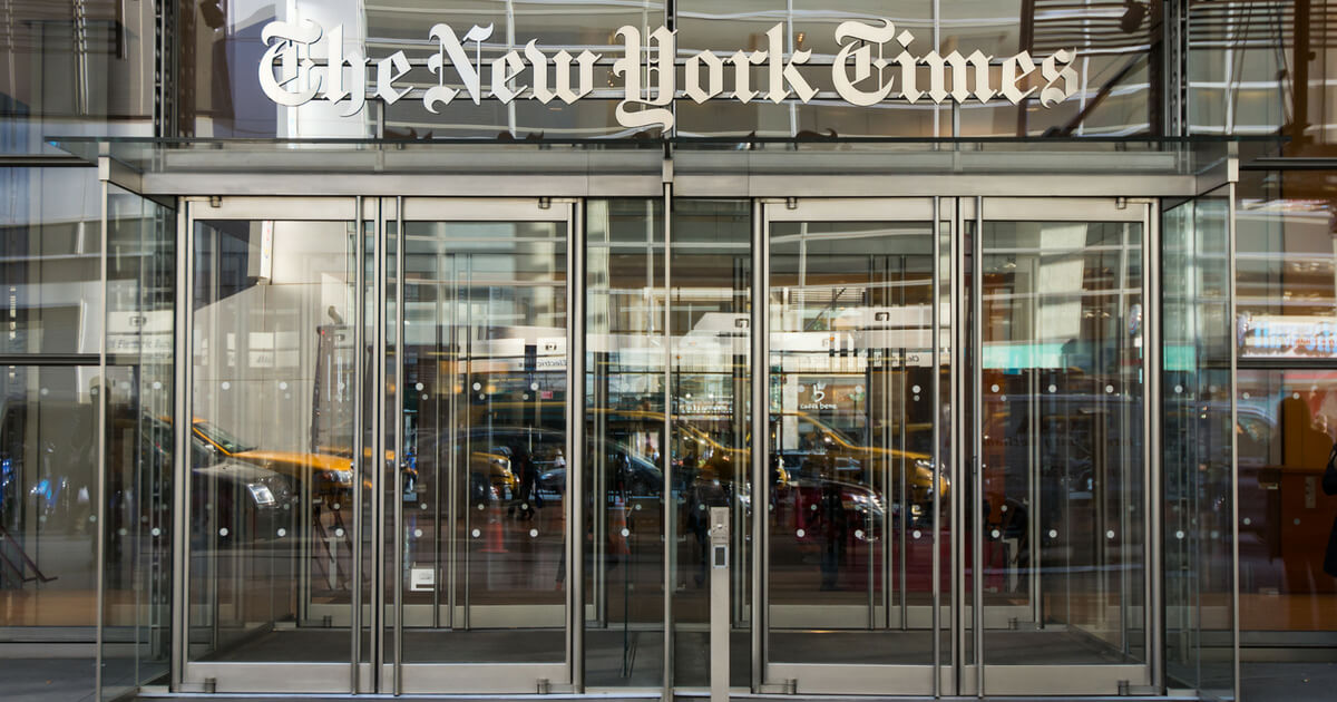 NEW YORK CITY - MAY 7, 2015: Headquarters entrance of of The New York Times newspaper building.