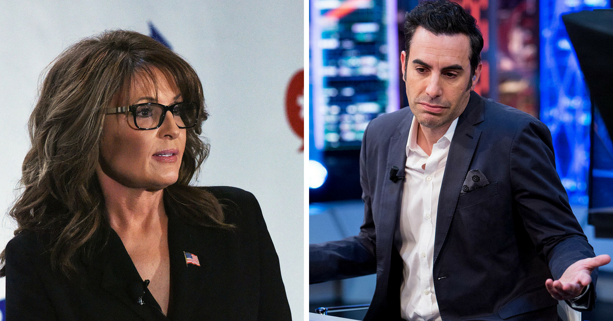 Former Governor Sarah Palin speaks during her appearance at Politicon at Pasadena Convention Center on June 26, 2016 in Pasadena, California.; Sacha Baron Cohen attends 'El Hormiguero' Tv Show at Vertice Studio on March 17, 2016 in Madrid, Spain.
