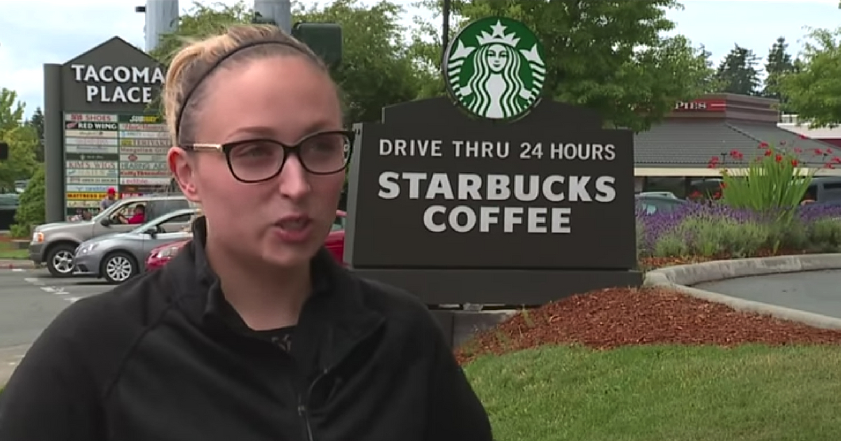 A Starbucks barista stands outside the store where she helped deliver a baby.