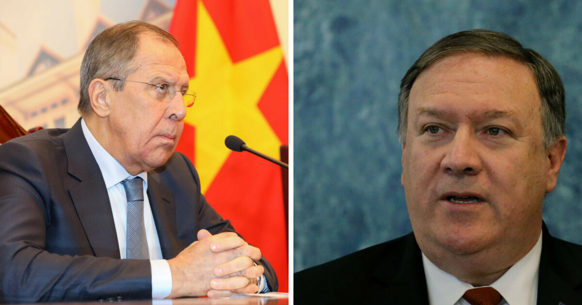 US Secretary of State Mike Pompeo speaks to members of the media at the U.N. headquarters on July 20, 2018 in New York City.;Russia's Foreign Minister Sergei Lavrov speaks during a meeting with his Vietnamese counterpart Pham Binh Minh (not in picture) at the Government Guest House in Hanoi on March 23, 2018.