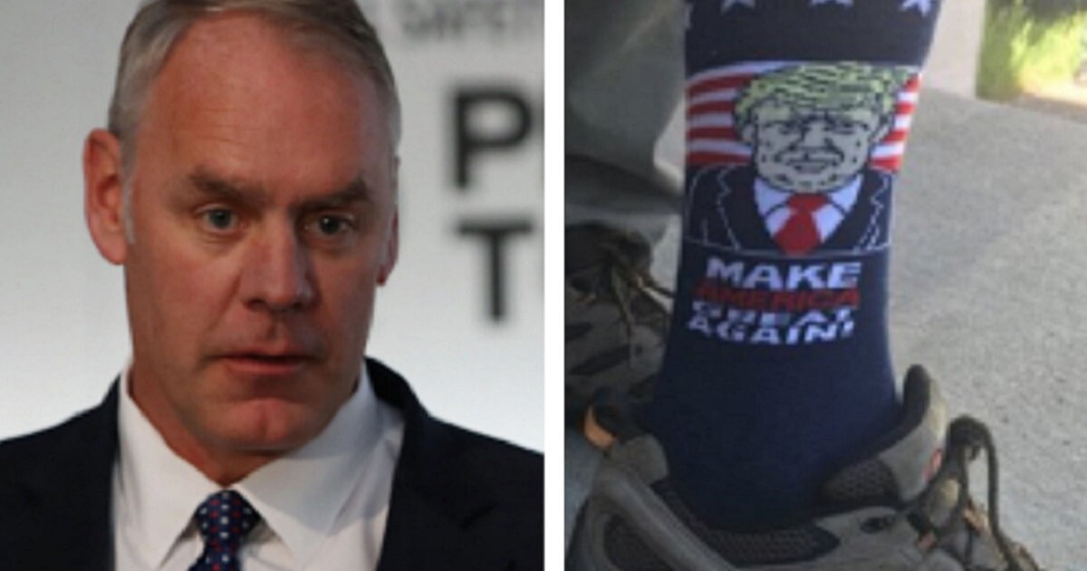 A standalone picture of Interior Secretary Ryan Zinke, left, next to a standalone picture of a leg wearing a sock with an image of Donald Trump and the slogan "Make American Great Again."