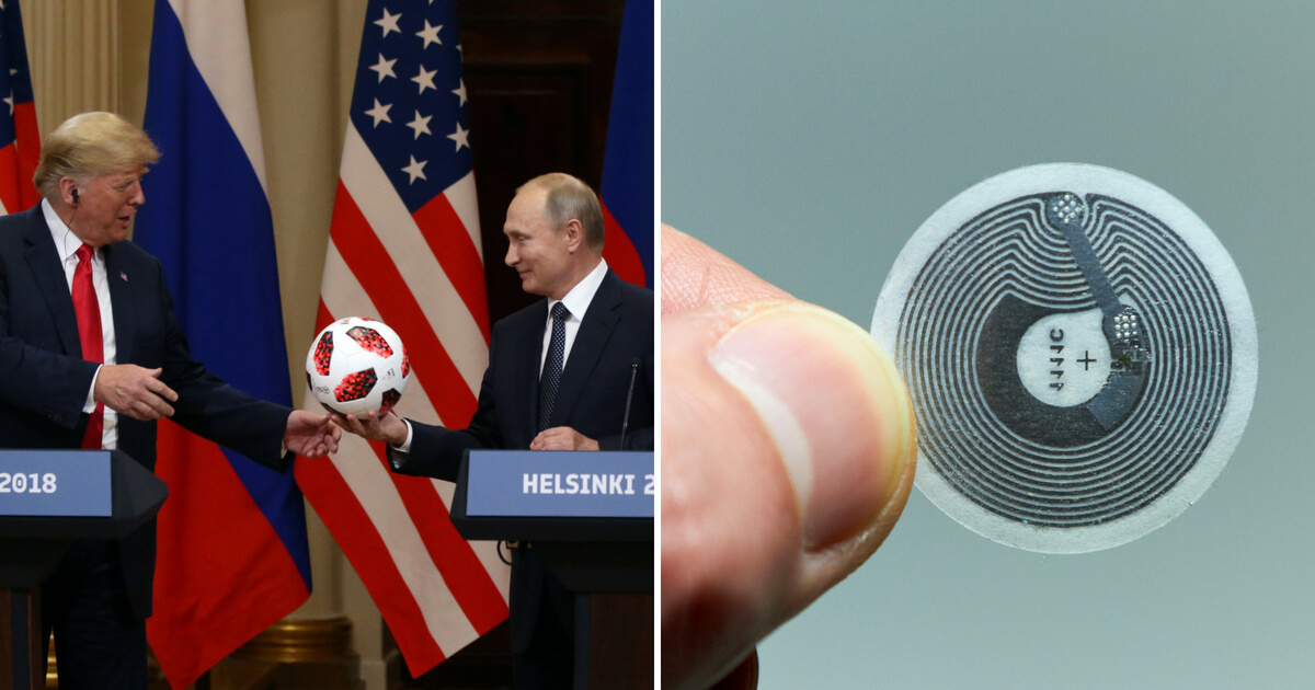 Putin hands a soccer ball to Trump.