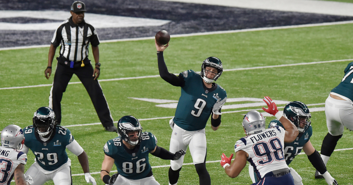 Nick Foles #9 of the Philadelphia Eagles throws a pass against the New England Patriots during Super Bowl LII at U.S. Bank Stadium on February 4, 2018 in Minneapolis, Minnesota. The Eagles defeated the Patriots 41-33.