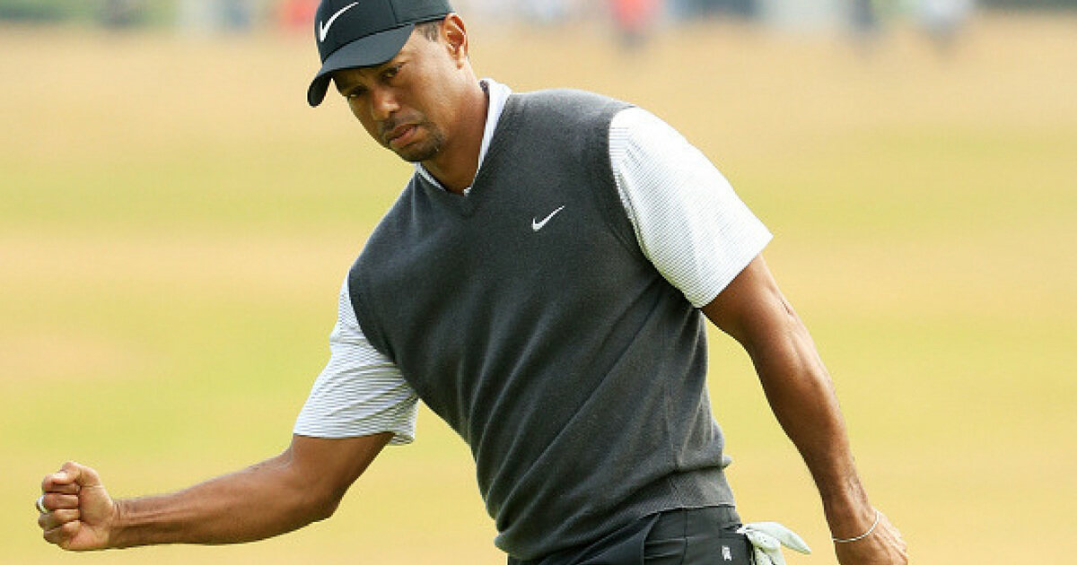 Tiger Woods with a fist pump after a birdie at the British Open