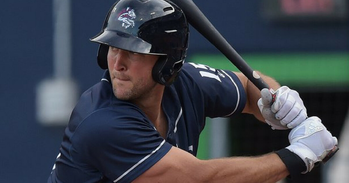 Tim Tebow awaits a pitch during a Binghamton Rumble Ponies game.
