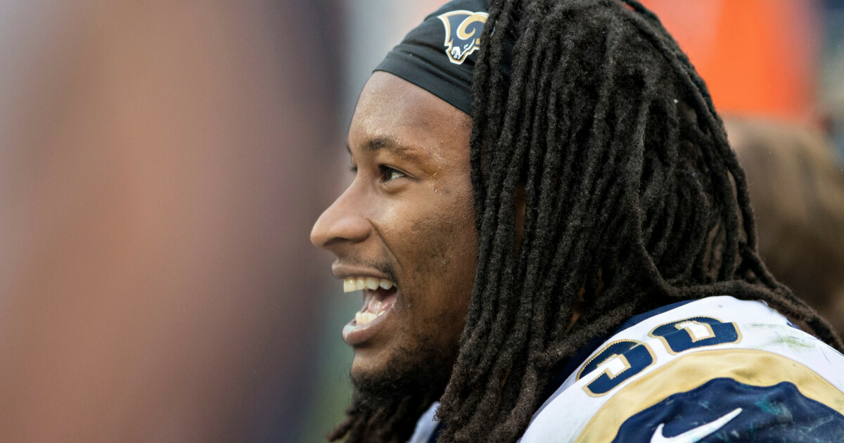Todd Gurley II #30 of the Los Angeles Rams on the sidelines during a game against the Tennessee Titans at Nissan Stadium on December 24, 2017 in Nashville, Tennessee.