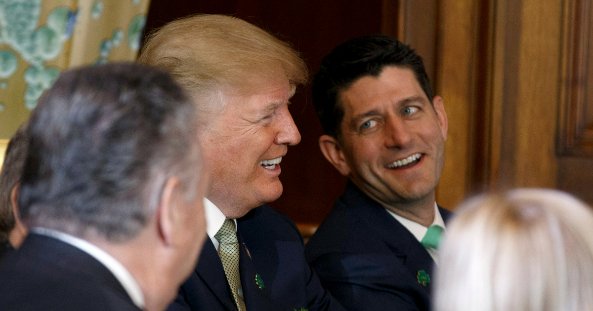 President Donald J. Trump laughs with United States Speaker of the House of Representatives Paul Ryan, Republican of Wisconsin, at the Friends of Ireland luncheon at the United States Capitol March 15, 2018, in Washington, D.C.