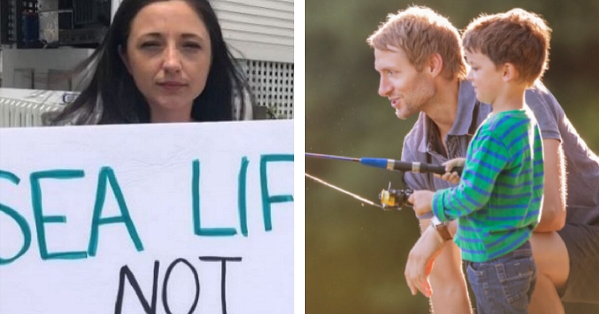 Picture of a woman protesting next to a picture of a father and son fishing.
