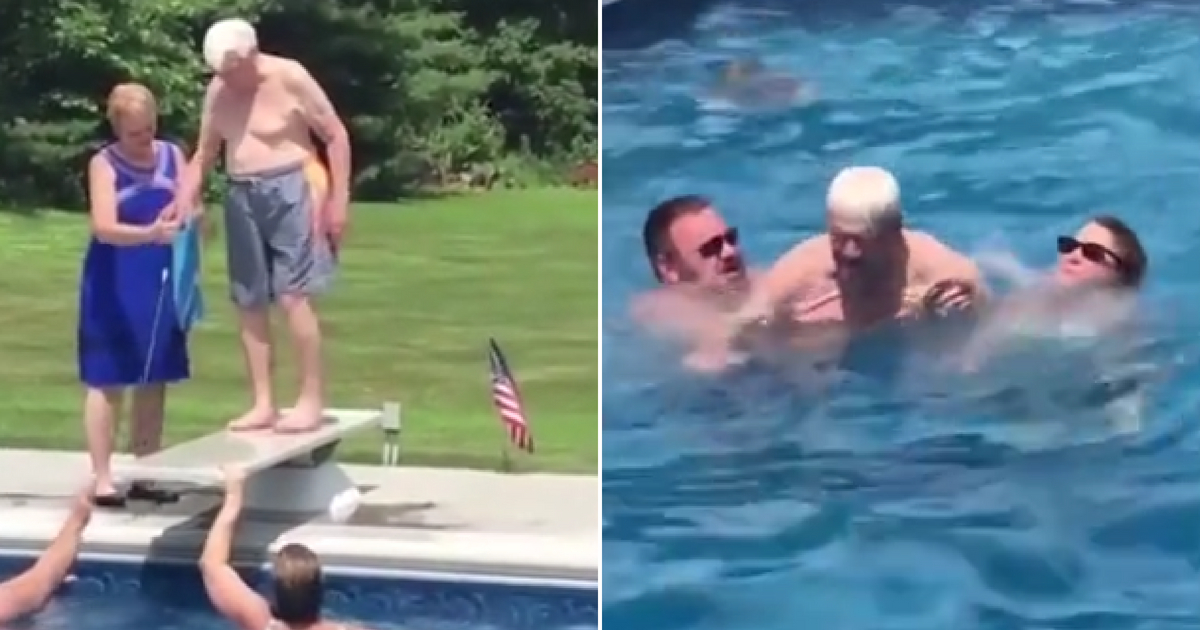 Veteran jumps off diving board to show boy how to be brave.